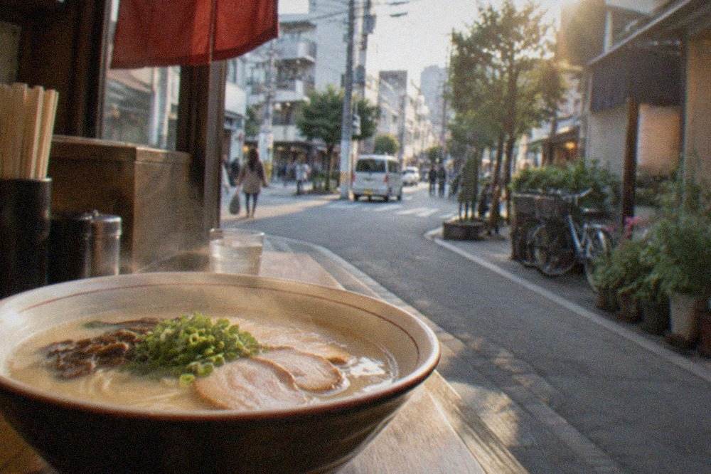 A steaming bowl of tonkotsu ramen with thin noodles, chashu pork and green onion on a wooden counter