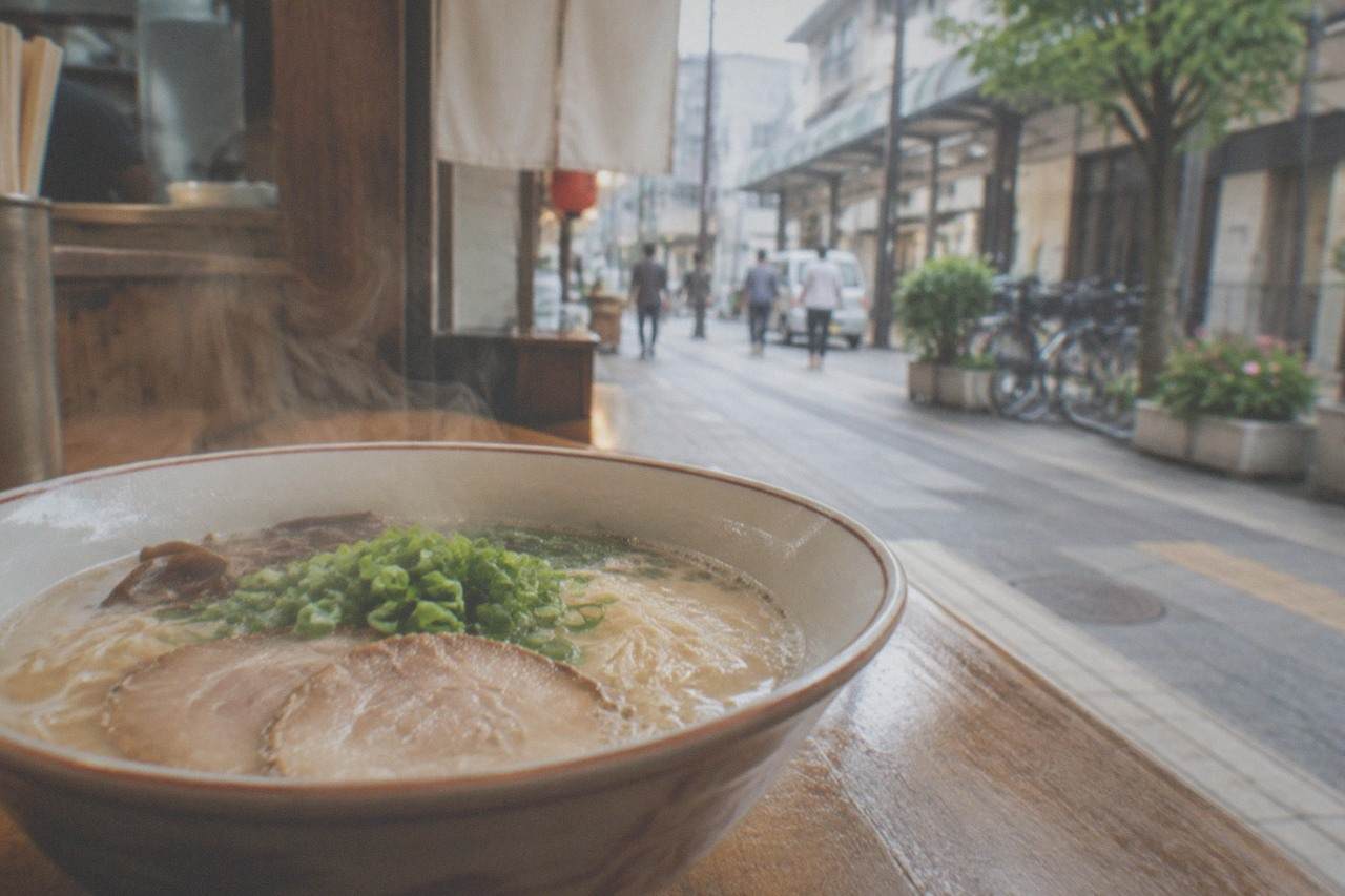 A steaming bowl of tonkotsu ramen with thin noodles, chashu pork and green onion on a wooden counter