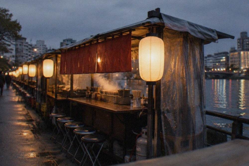 Row of glowing yatai food stalls lined up along a riverside street at night
