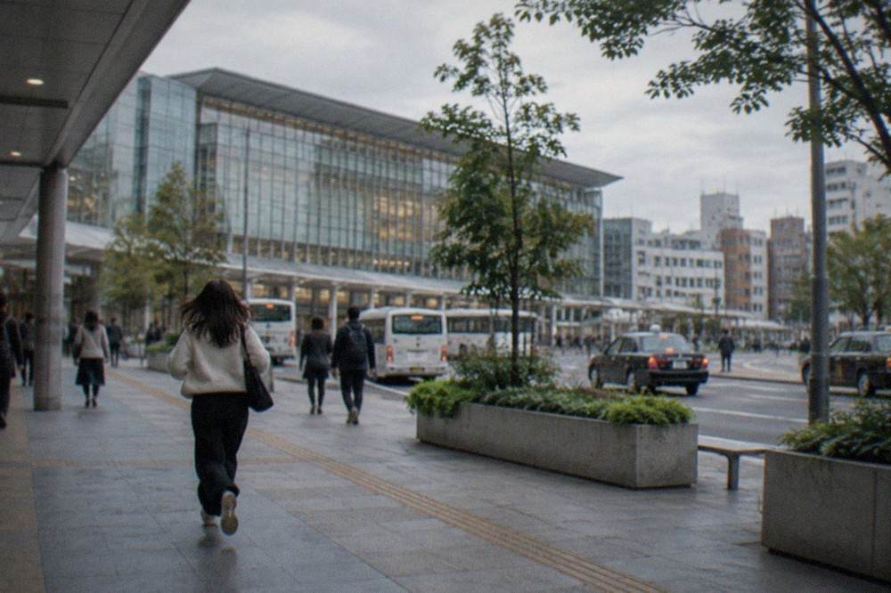 Hakata Station's glass facade with the surrounding city towers behind it
