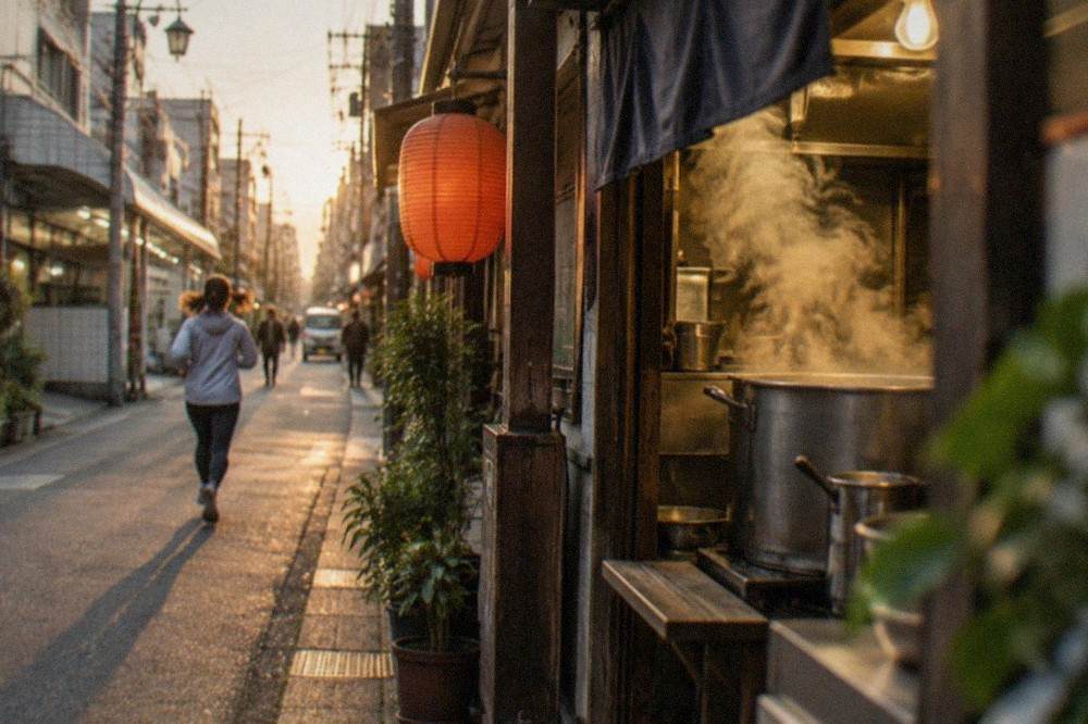 Steam rising from a stock pot in a small ramen shop kitchen at night