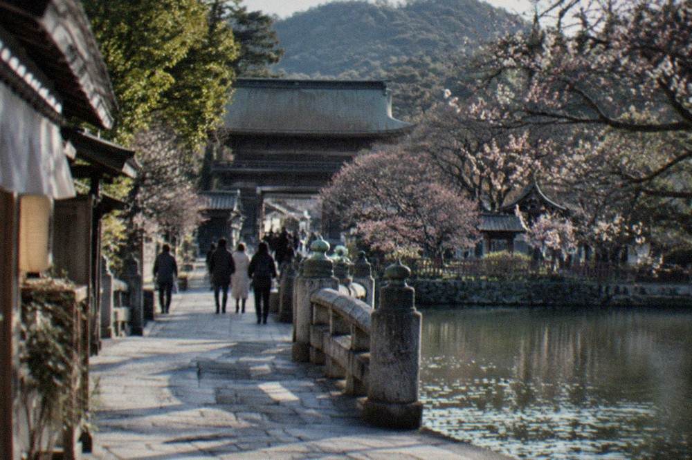 A stone bridge over a pond leading to a wooden shrine gate in Dazaifu