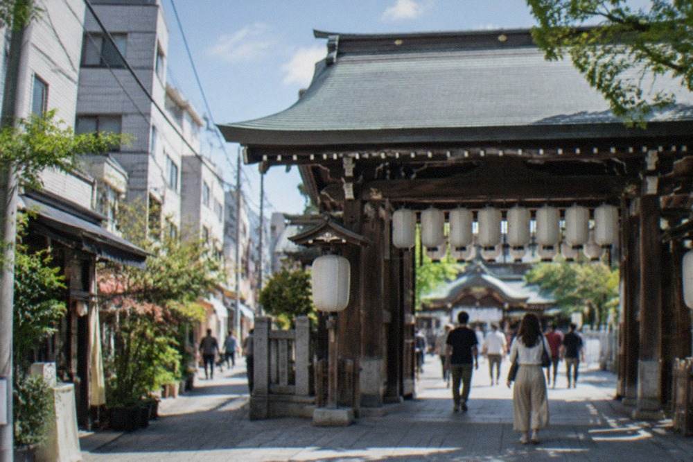 Kushida Shrine's wooden gate and lanterns in Hakata ward, Fukuoka