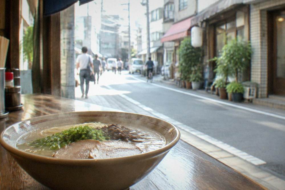 Steaming bowl of tonkotsu ramen with thin noodles on a wooden counter