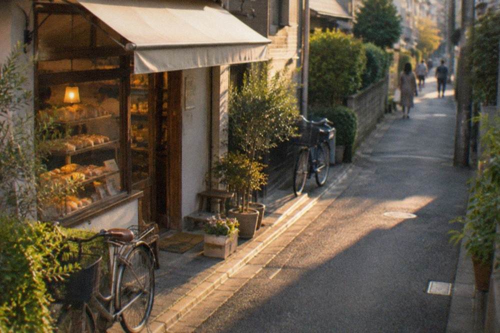 A narrow lane in Imaizumi with a small bakery storefront and bicycles parked at the kerb