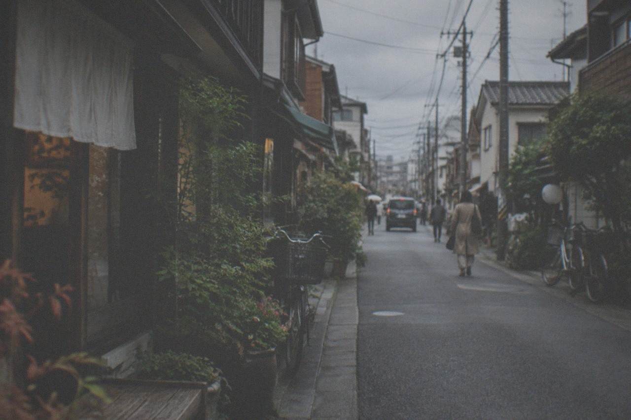 A quiet residential street in Imaizumi with small storefronts and greenery along the sidewalk