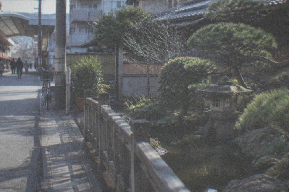A traditional Japanese garden with clipped pines, a pond and stone lanterns beside a wooden fence