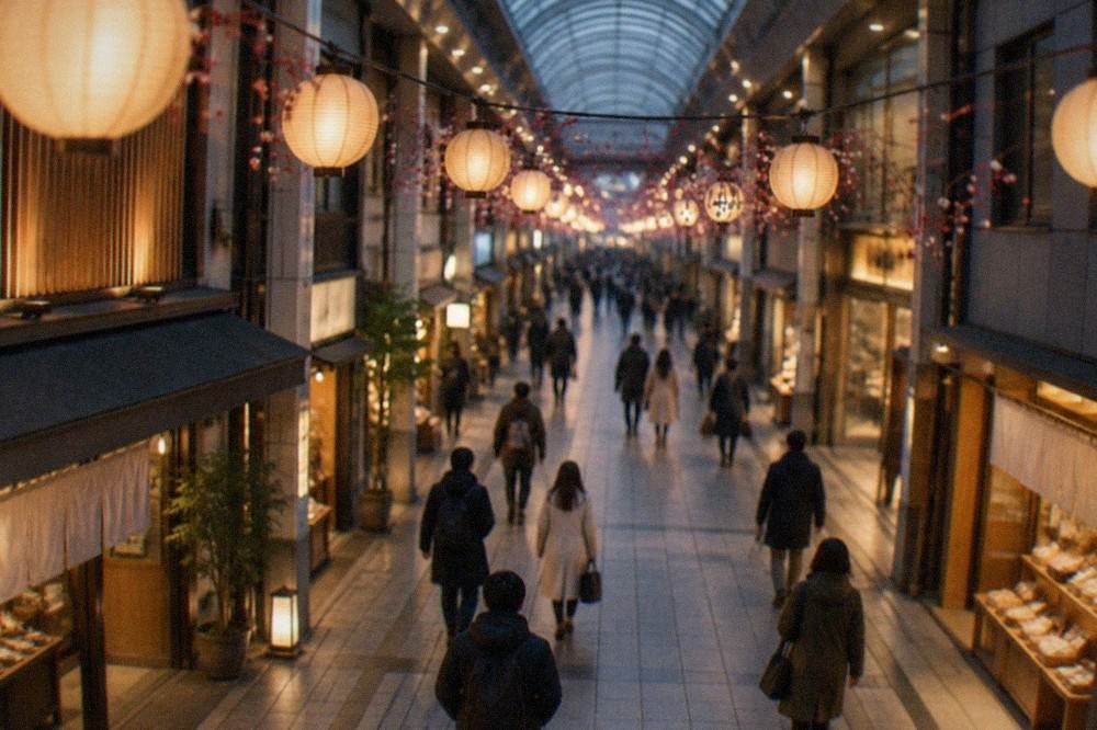 Lanterns glowing above the arcade walkway at dusk with warm light on the shopfronts