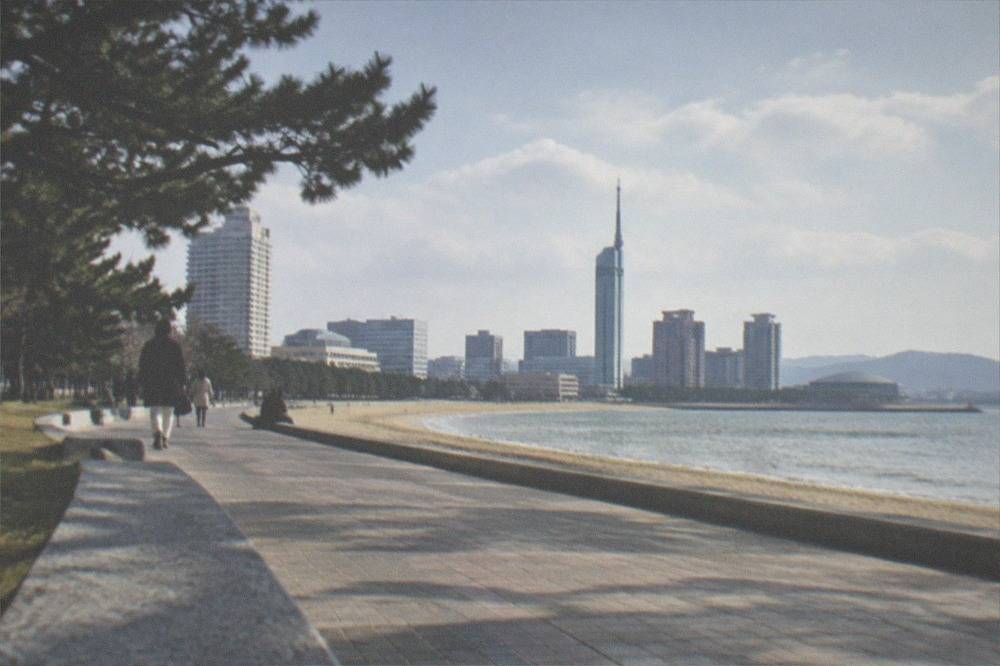 Waterfront path with city skyline behind a calm bay