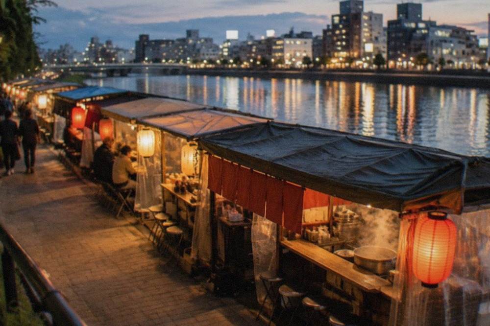 Row of glowing food stalls lined up along a river at night, with lanterns reflected in the water