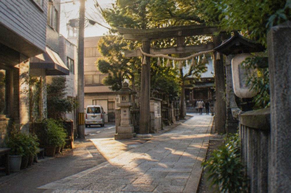 Stone path leading to a small wooden shrine gate surrounded by trees in Hakata