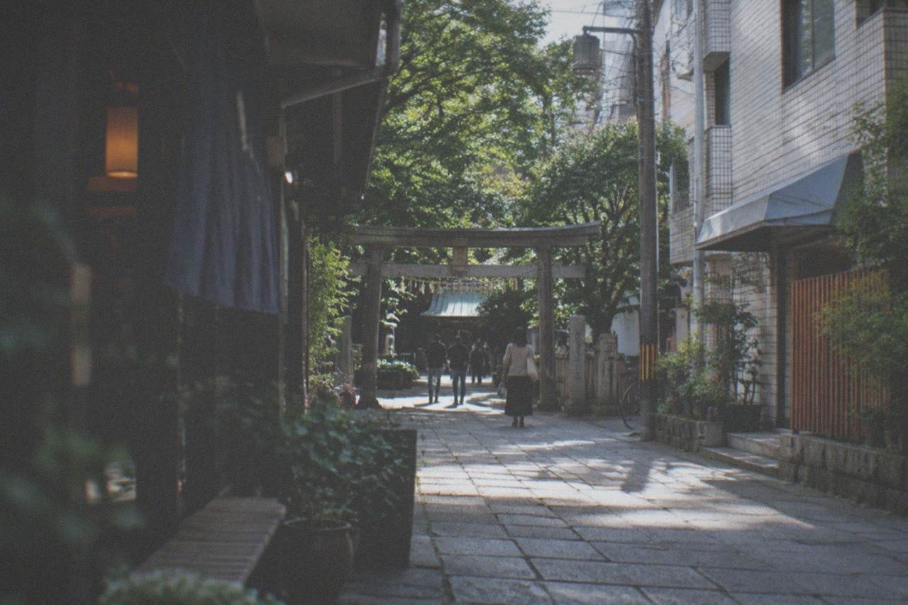 Stone path leading to a small wooden shrine gate surrounded by trees in Hakata