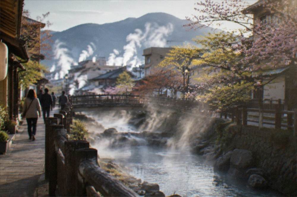 Autumn trees beside a steaming hot spring channel in a Japanese town