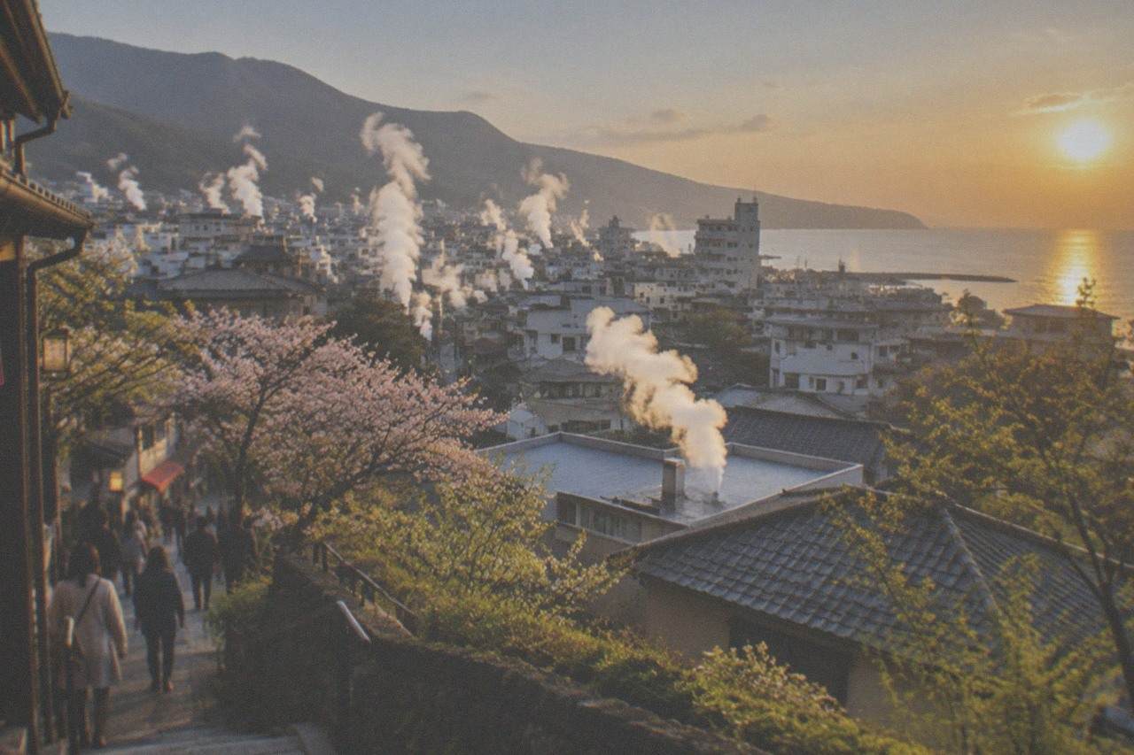 Steam rising from hot spring vents on a hillside above a coastal Japanese town