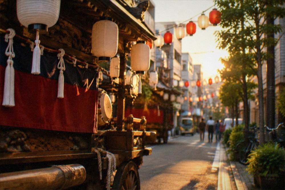 Festival floats parked on a city street with lanterns strung overhead in the evening