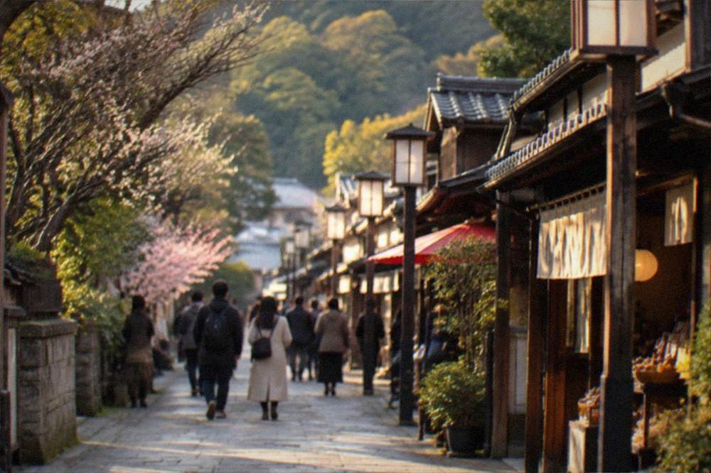 A shopping street with traditional lanterns and wooden shopfronts in daylight
