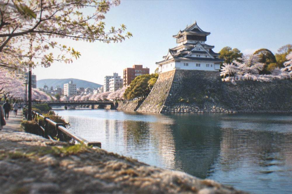 Cherry blossom trees along a stone riverbank with a castle wall beyond