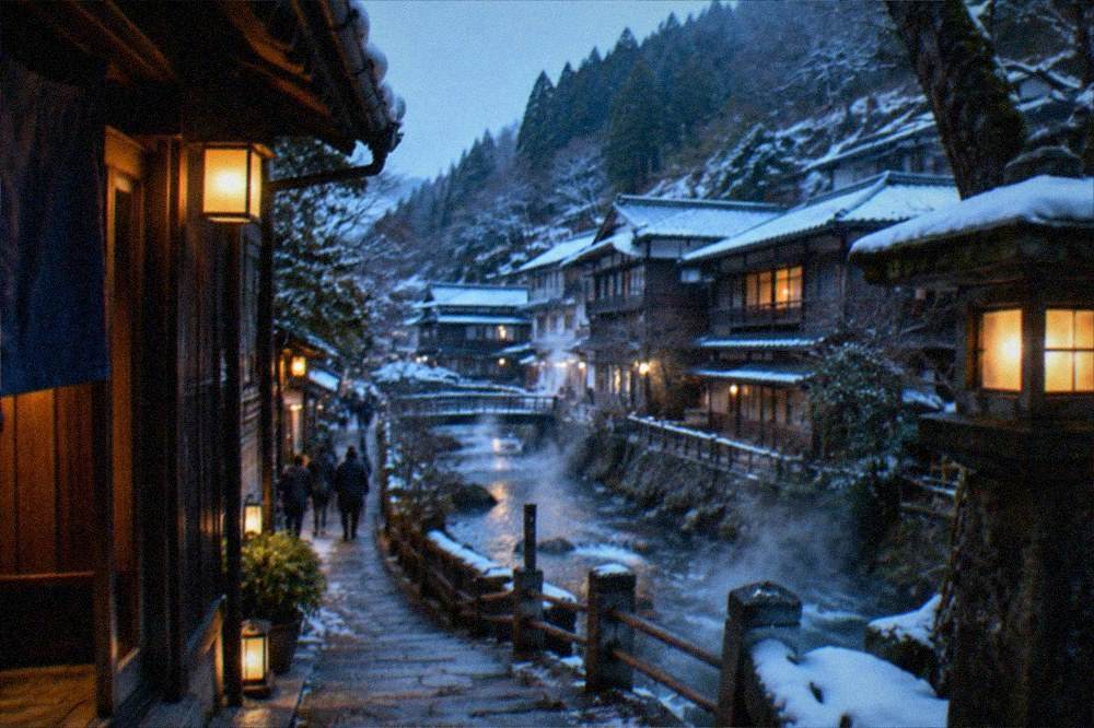 Snow lying on the dark wooden roofs of inns beside a steaming river