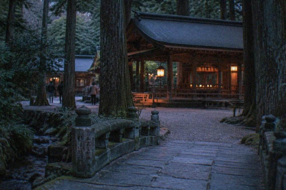 A wooden shrine pavilion behind a stone path surrounded by cedar trees