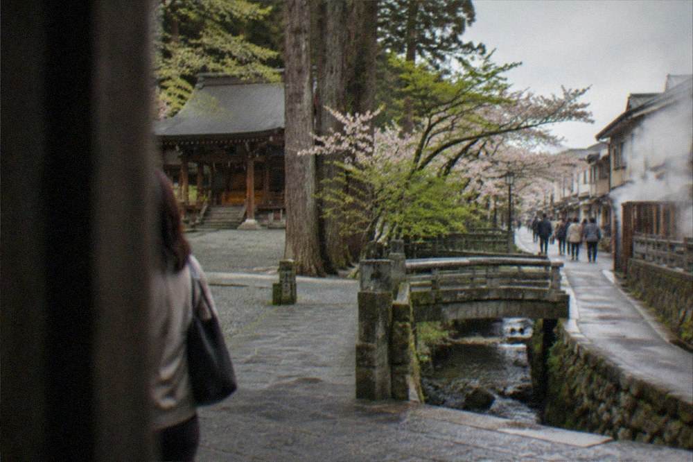 Steam rising from hot spring streams beside a small onsen town street