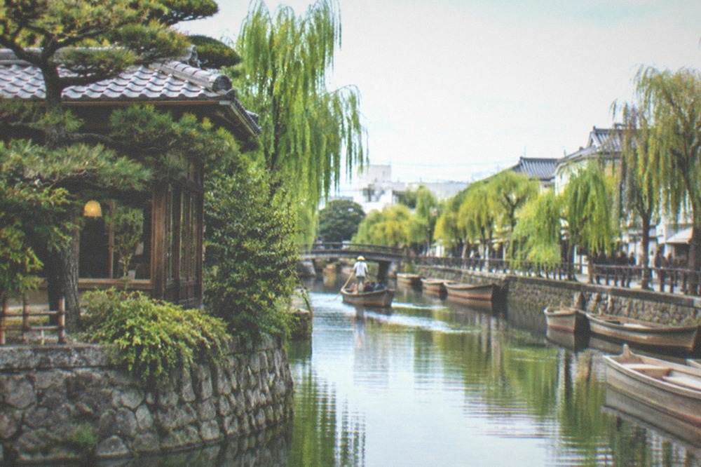 A traditional Japanese garden with clipped pines reflected in a still pond beside a wooden villa