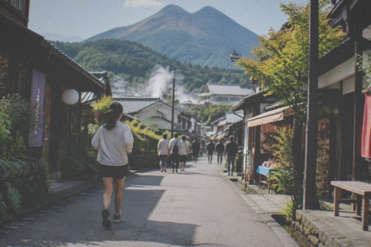 A small onsen town in a valley with steam rising among low wooden buildings and tree covered hills behind them