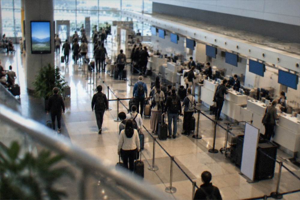The departure hall of Fukuoka Airport with check-in counters