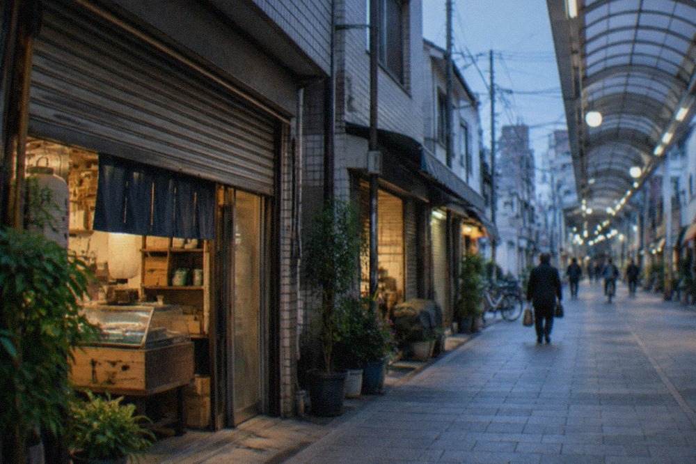 A quiet shopping arcade street in Hakata in early morning light with shutters half open