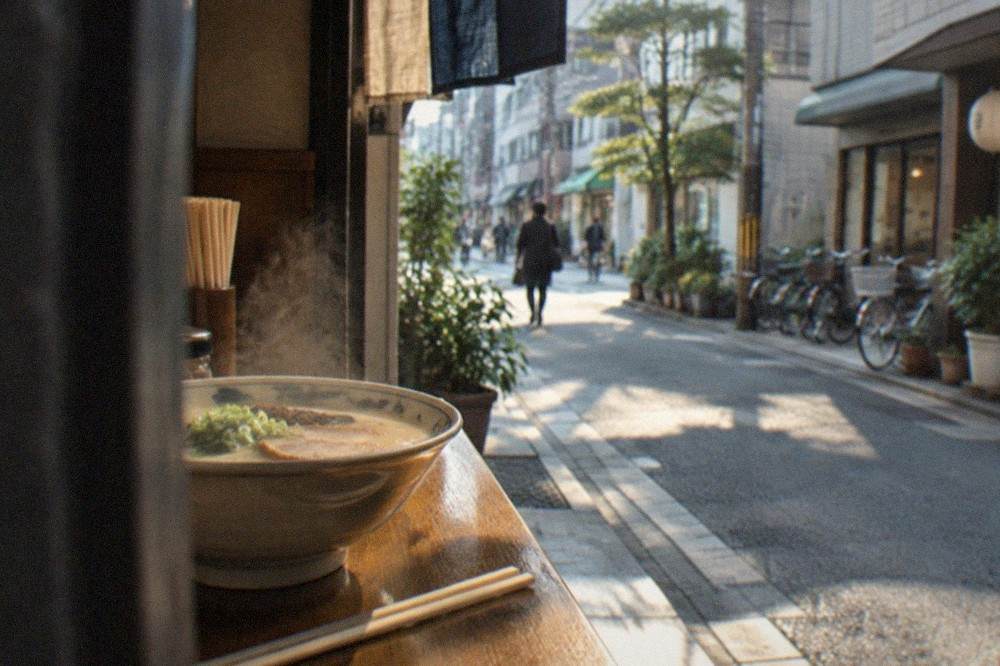 A steaming bowl of tonkotsu ramen on a wooden counter beside chopsticks