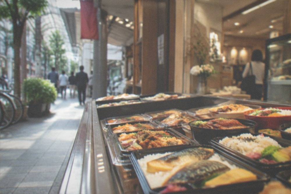 A department store food hall counter displaying bento boxes and rice bowls under bright lights
