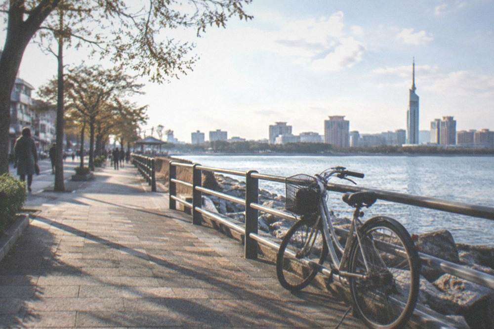 A bicycle leaning against a railing on a seaside promenade with Fukuoka Tower visible across the bay