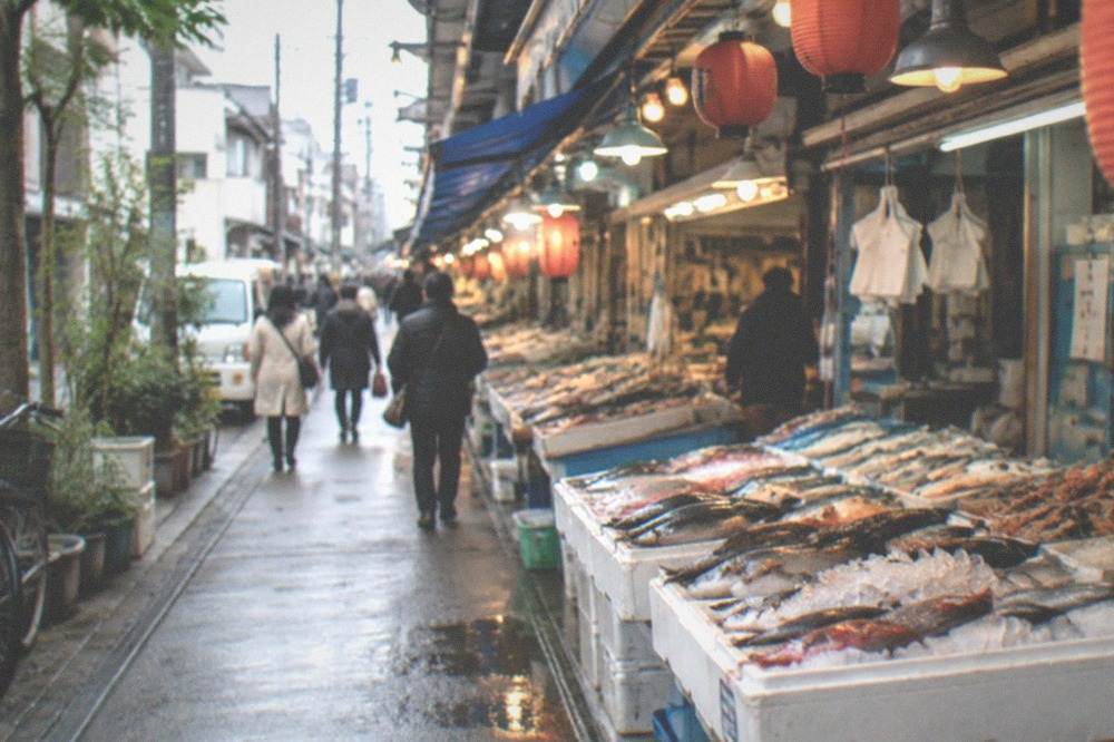 A covered market aisle lined with fish stalls, crates of ice and hanging lanterns in morning light