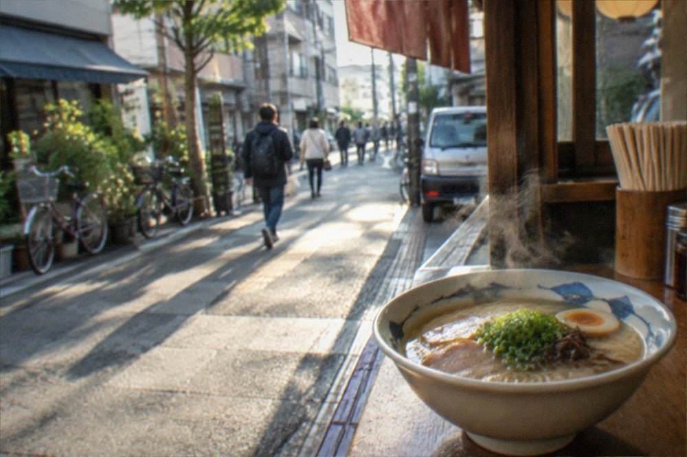 A steaming bowl of ramen on a wooden counter at a small food stall