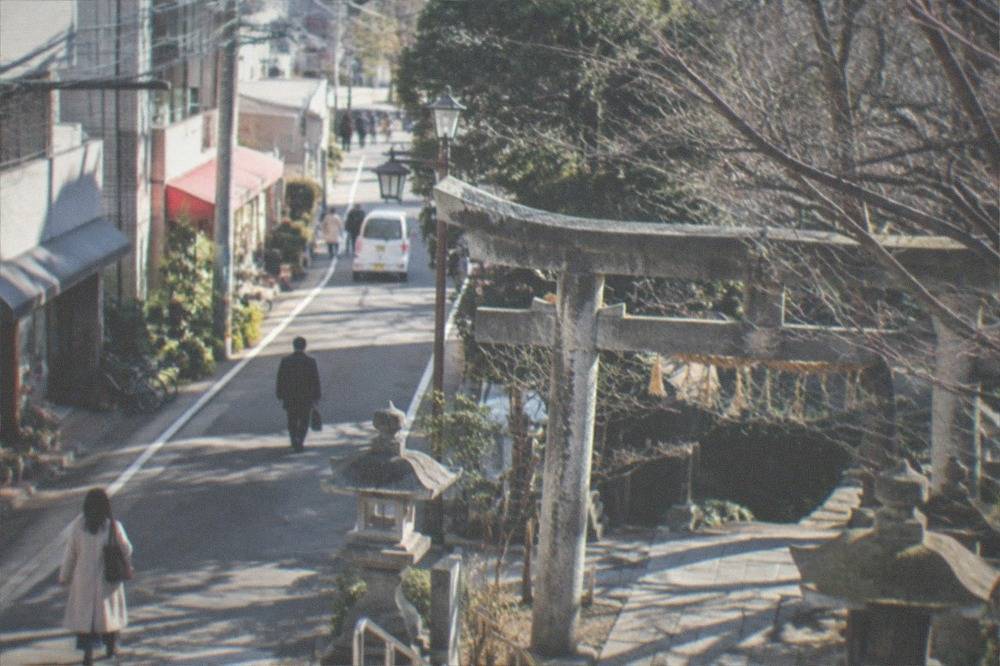 Stone lanterns and bare trees at a Japanese shrine on a cold clear morning