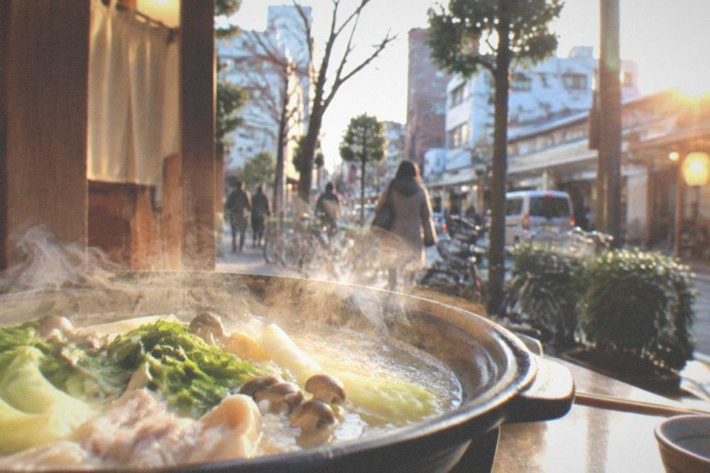 A steaming hot pot cooking on a restaurant table with vegetables and broth