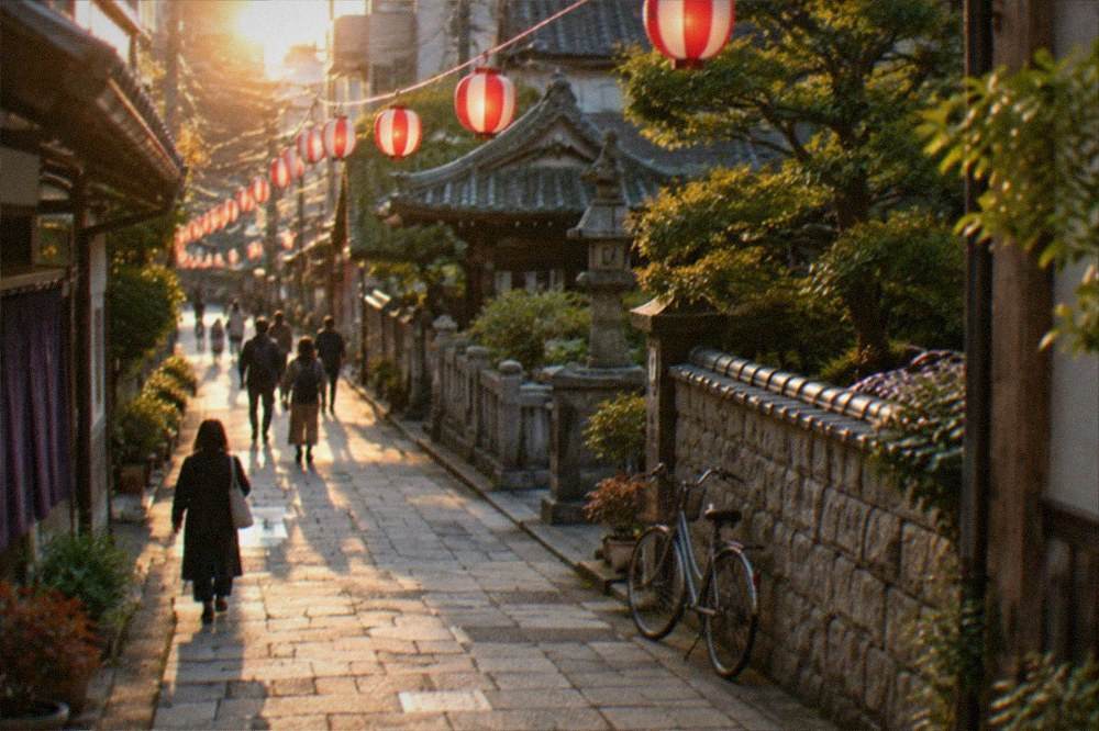 An old temple lane in Hakata with lanterns strung overhead and a bicycle leaning against a stone wall