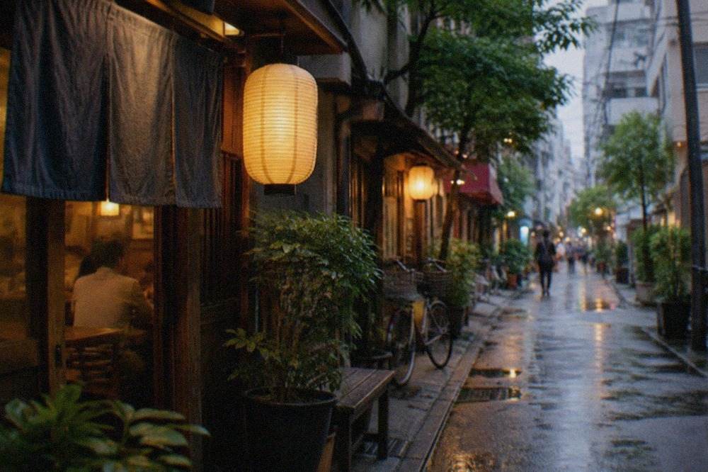A quiet lantern lit alley in Fukuoka at dusk with small restaurant entrances along the wall