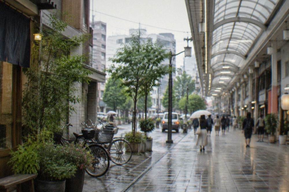 Glass skylights over a covered shopping arcade with rain streaking the roof