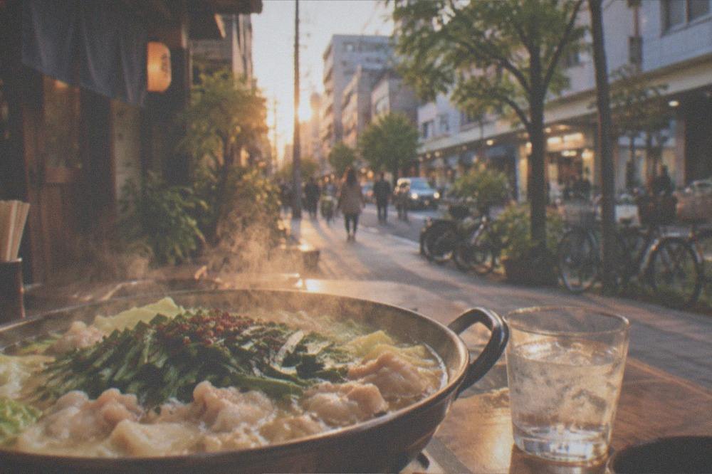 A steaming hotpot of motsunabe beside a small glass of barley shochu on a restaurant table
