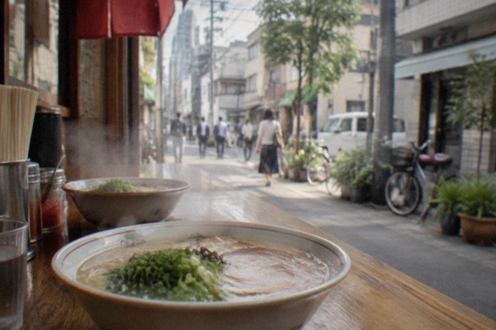 Steaming bowls of tonkotsu ramen on a wooden counter in a small Fukuoka shop