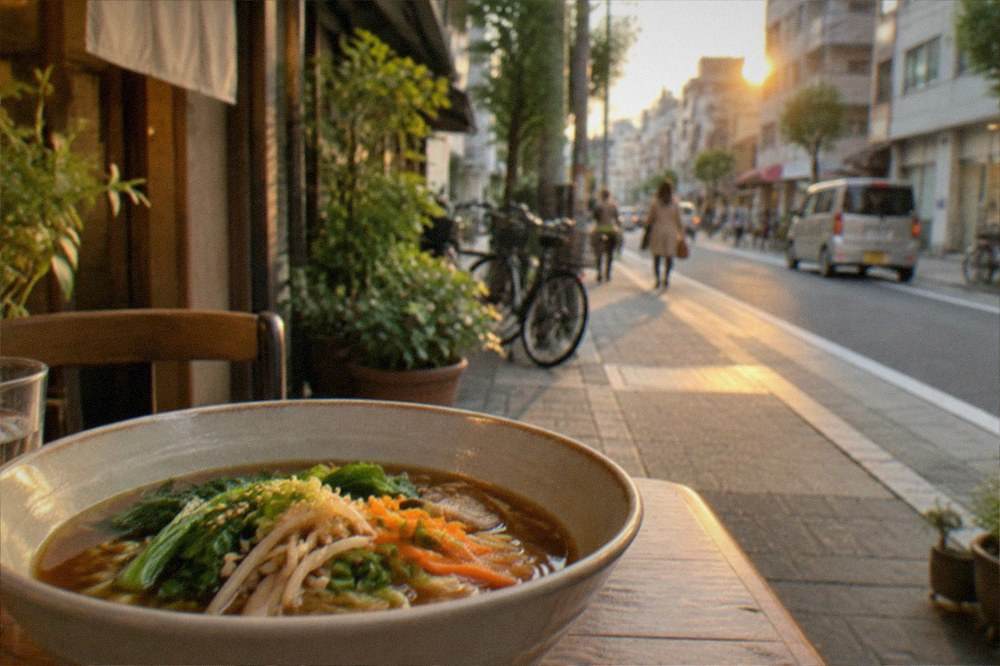 A plant-based ramen bowl with soy broth, vegetables and noodles on a cafe table