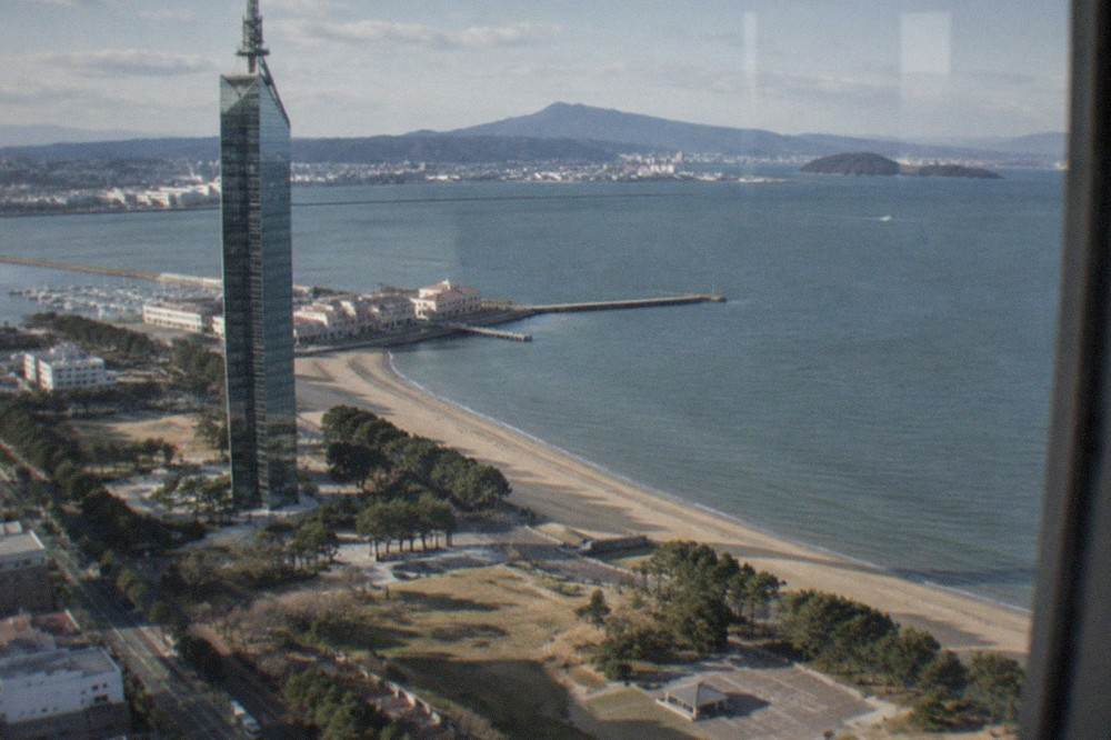 Looking down through glass from the Fukuoka Tower observation deck onto the Momochi coastline and bay