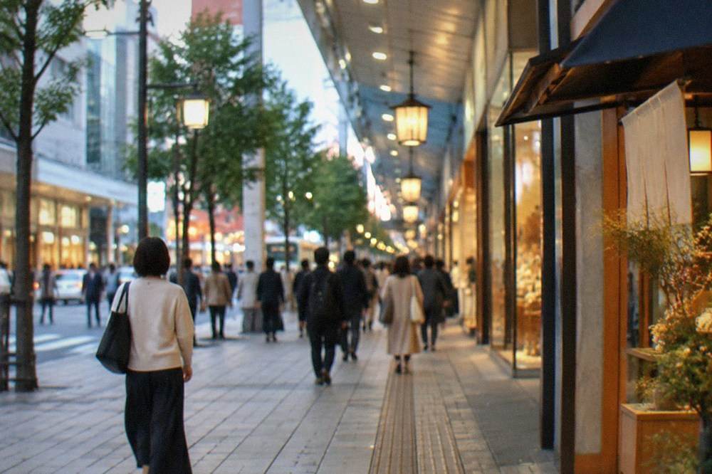 A commercial street with shops and covered arcades in a Japanese city centre at dusk