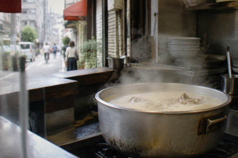 A pot of white pork bone broth simmering on a stove in a ramen kitchen