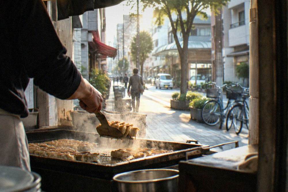 A cook lifting dumplings from a hot griddle with a spatula, steam rising in evening light