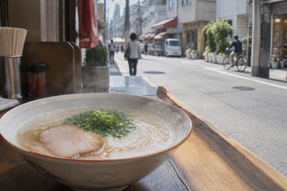 A steaming bowl of tonkotsu ramen with thin noodles, chashu pork and green onion on a wooden counter