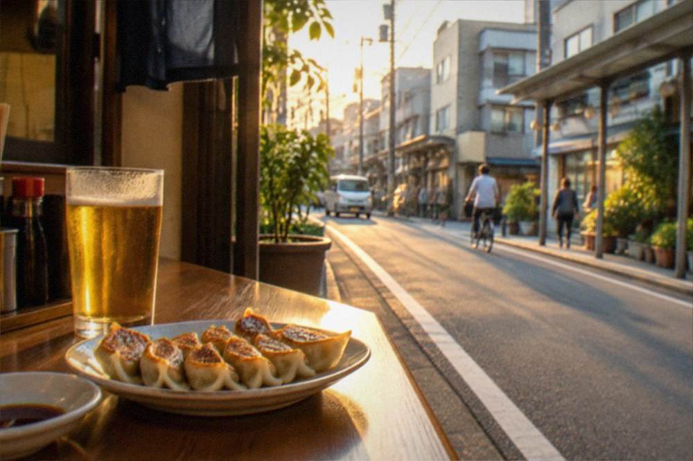 A plate of small one-bite gyoza dumplings beside a glass of beer on a counter