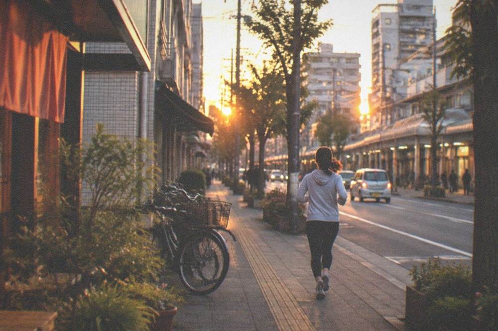 Evening cityscape of a Japanese city with lit office towers