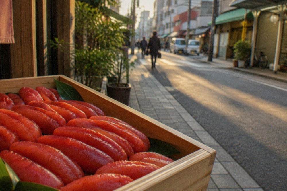 Close view of red mentaiko sacs arranged in a wooden shop tray