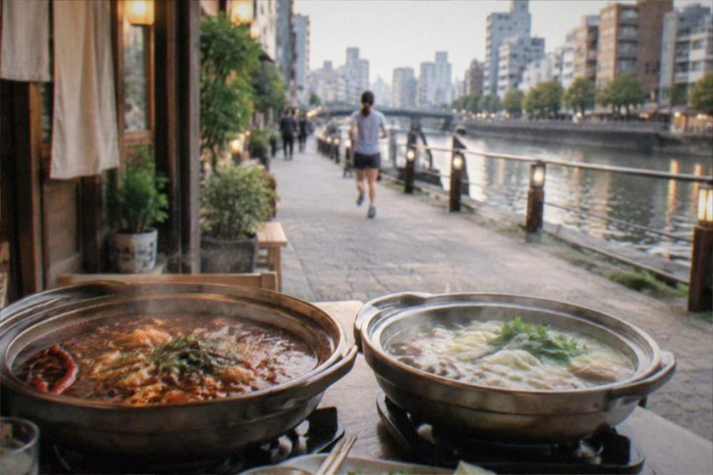 Two hot pots side by side on a table, one with a dark spicy broth and one with a light clear broth